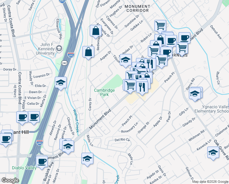 map of restaurants, bars, coffee shops, grocery stores, and more near 1118 Victory Lane in Concord