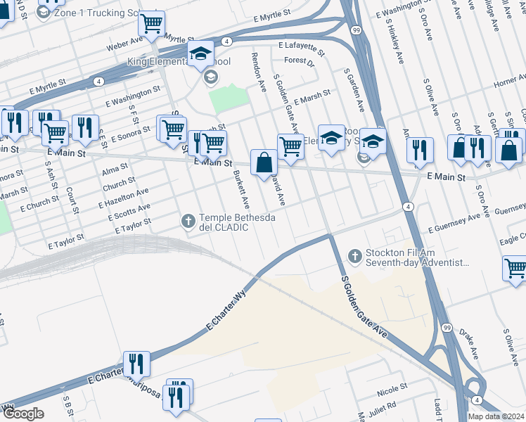 map of restaurants, bars, coffee shops, grocery stores, and more near 2833 East Anderson Street in Stockton