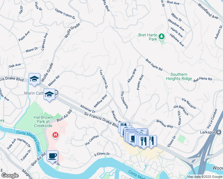 map of restaurants, bars, coffee shops, grocery stores, and more near 225 North Almenar Drive in Kentfield