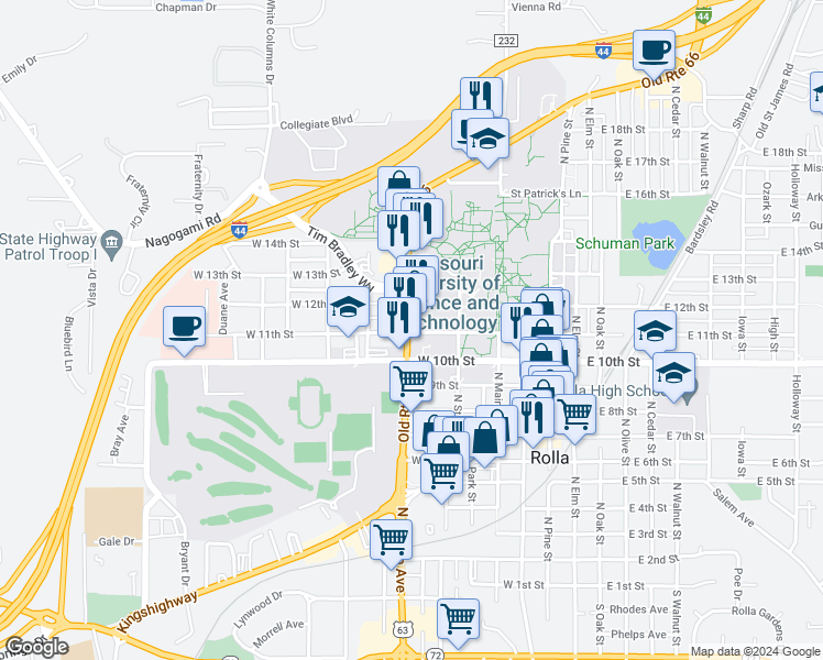 map of restaurants, bars, coffee shops, grocery stores, and more near 1108 North Bishop Avenue in Rolla