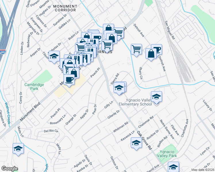 map of restaurants, bars, coffee shops, grocery stores, and more near Oak Grove Rd & Sierra Rd in Concord