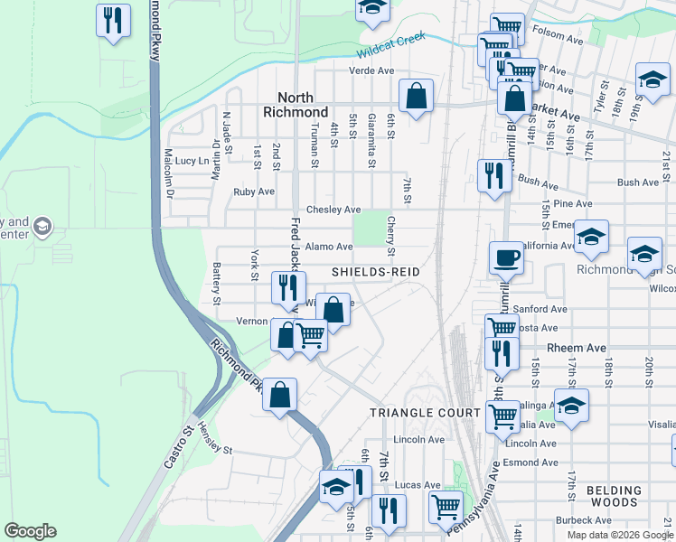 map of restaurants, bars, coffee shops, grocery stores, and more near 500 Duboce Avenue in Richmond