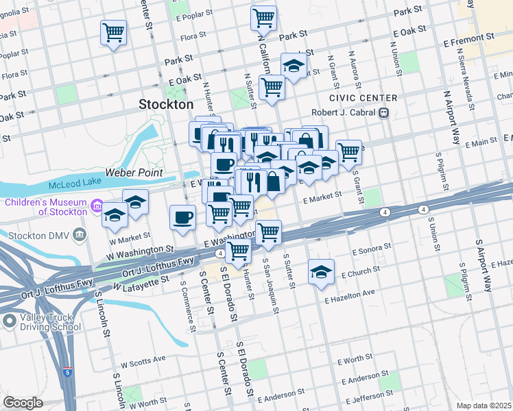 map of restaurants, bars, coffee shops, grocery stores, and more near 34 South San Joaquin Street in Stockton