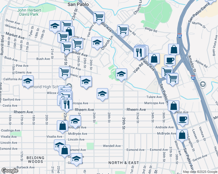 map of restaurants, bars, coffee shops, grocery stores, and more near 2851 Salesian Avenue in Richmond