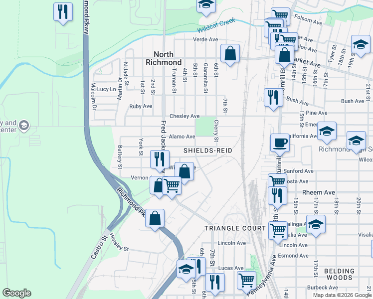 map of restaurants, bars, coffee shops, grocery stores, and more near 500 Duboce Avenue in Richmond
