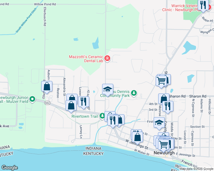 map of restaurants, bars, coffee shops, grocery stores, and more near 718 Village Lane in Newburgh