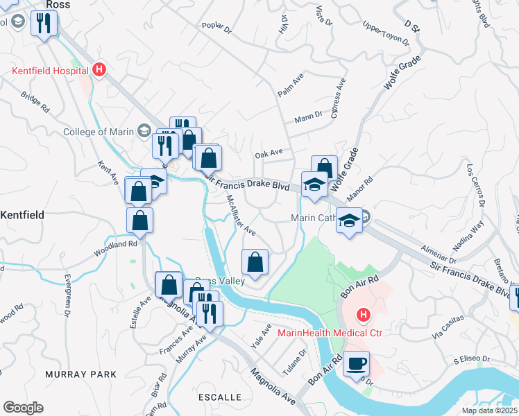 map of restaurants, bars, coffee shops, grocery stores, and more near Rosebank Avenue in Kentfield