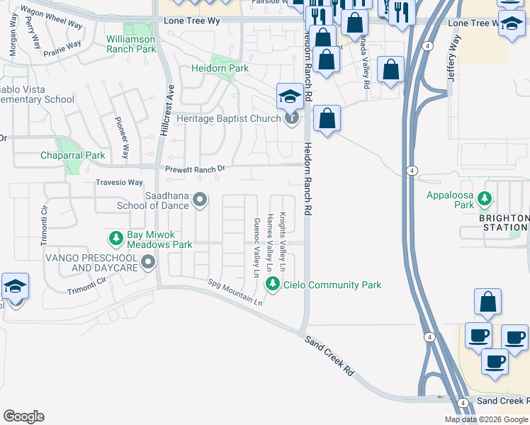 map of restaurants, bars, coffee shops, grocery stores, and more near 5320 Heidorn Ranch Rd in Antioch