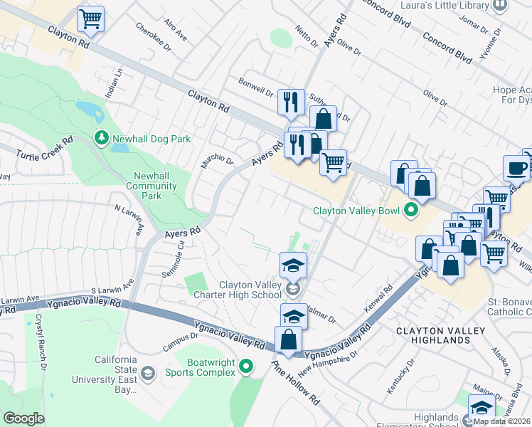 map of restaurants, bars, coffee shops, grocery stores, and more near 1392 Mossy Court in Concord