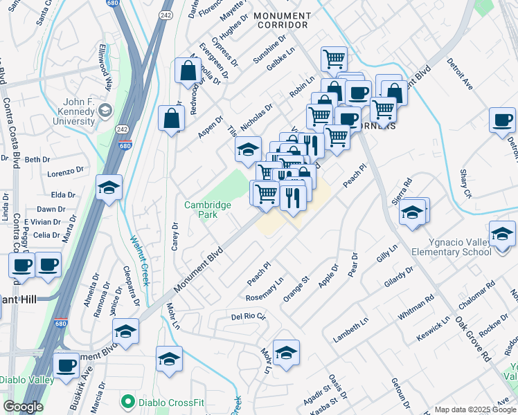 map of restaurants, bars, coffee shops, grocery stores, and more near 1511 Monument Boulevard in Concord