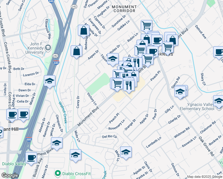 map of restaurants, bars, coffee shops, grocery stores, and more near 1121 Eureka Lane in Concord