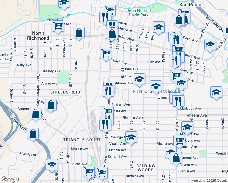map of restaurants, bars, coffee shops, grocery stores, and more near 1318 California Avenue in San Pablo