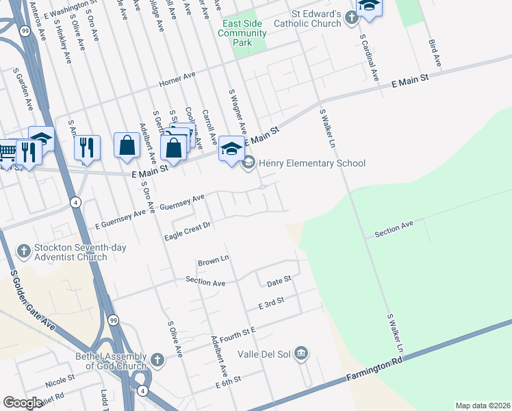 map of restaurants, bars, coffee shops, grocery stores, and more near 4798 East Main Street in Stockton