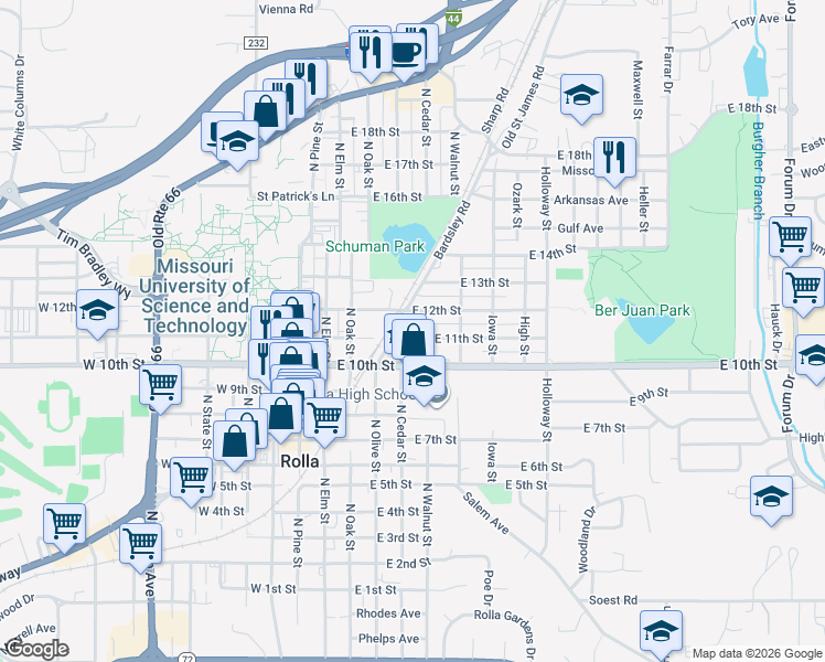 map of restaurants, bars, coffee shops, grocery stores, and more near 403 East 11th Street in Rolla