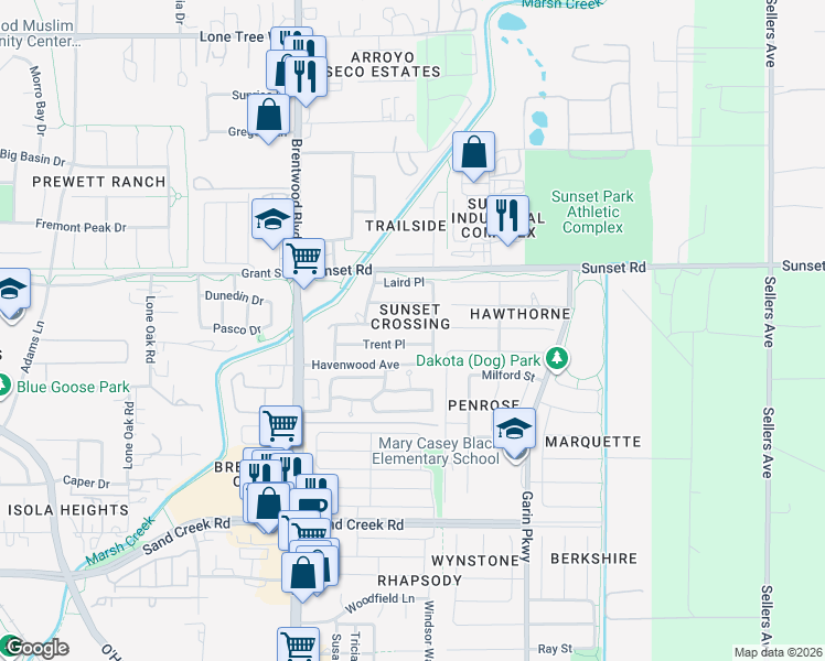 map of restaurants, bars, coffee shops, grocery stores, and more near 200 Kayla Place in Brentwood