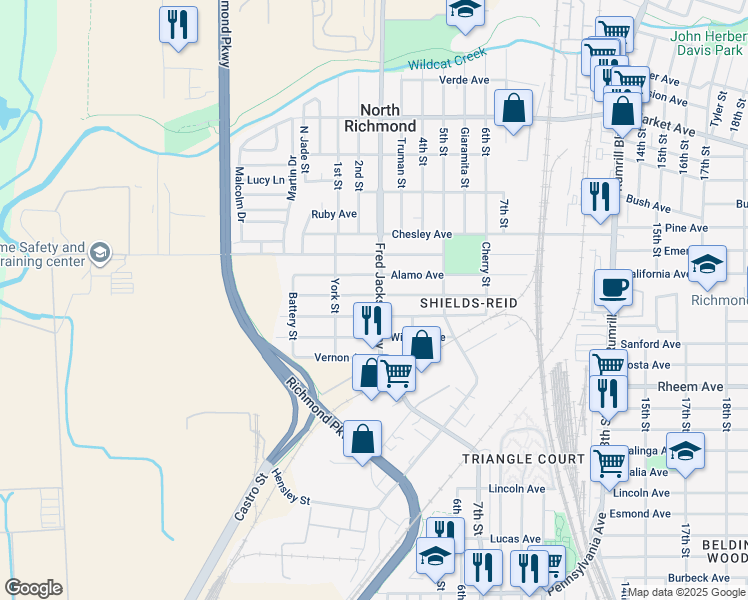 map of restaurants, bars, coffee shops, grocery stores, and more near 1329 Fred Jackson Way in Richmond