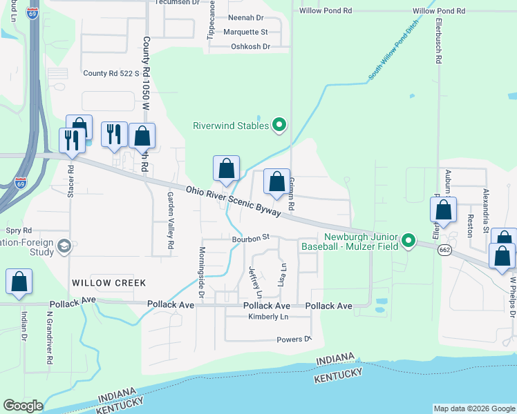 map of restaurants, bars, coffee shops, grocery stores, and more near 10099 Ohio River Scenic Byway in Newburgh