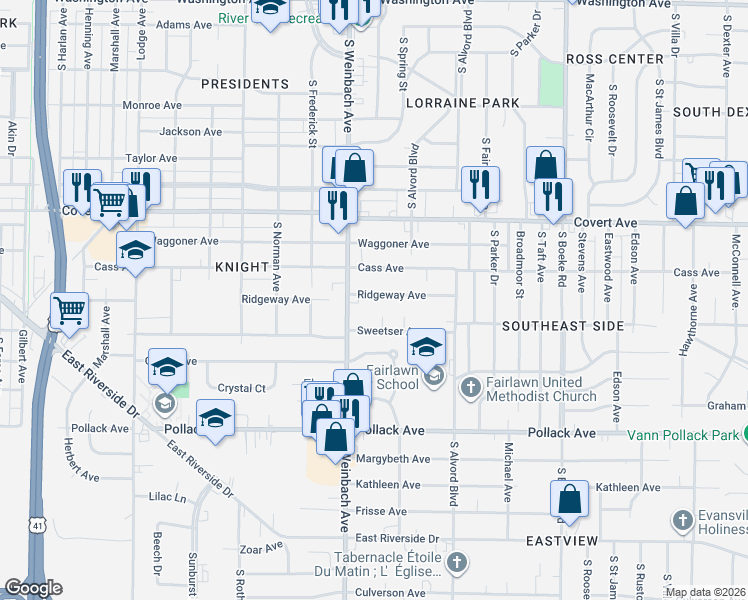 map of restaurants, bars, coffee shops, grocery stores, and more near 2050 Ridgeway Avenue in Evansville