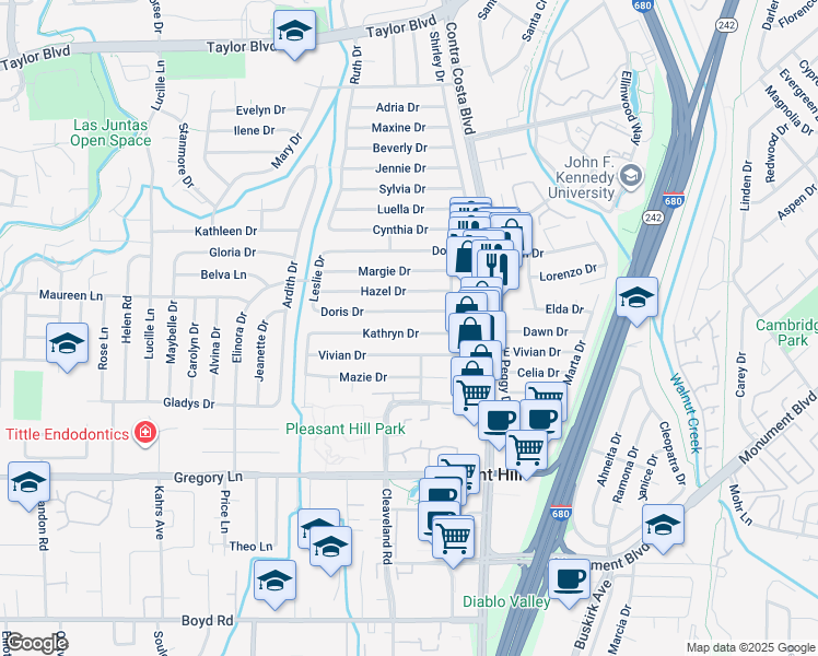 map of restaurants, bars, coffee shops, grocery stores, and more near 72 Kathryn Drive in Pleasant Hill