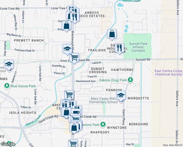 map of restaurants, bars, coffee shops, grocery stores, and more near 188 Kayla Place in Brentwood
