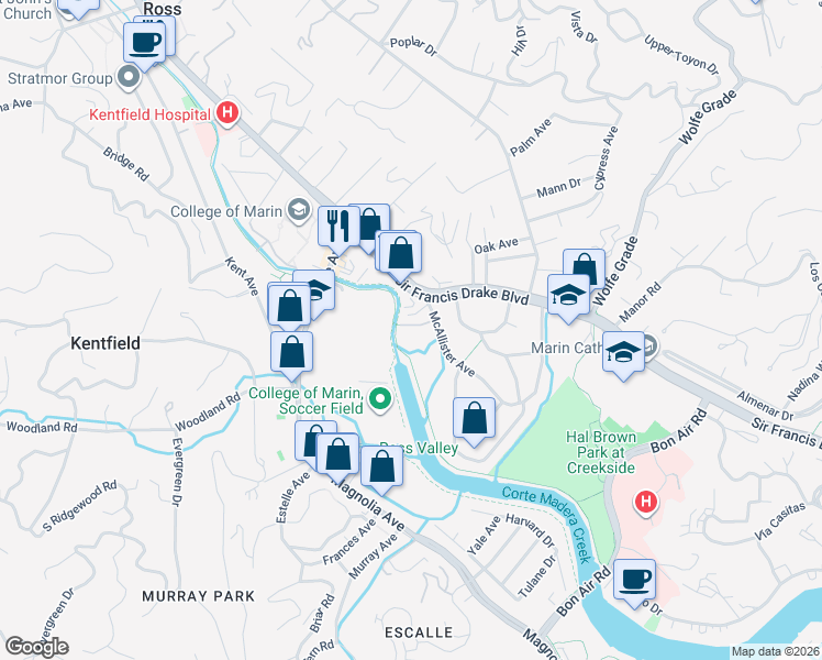 map of restaurants, bars, coffee shops, grocery stores, and more near 11 Stadium Way in Kentfield