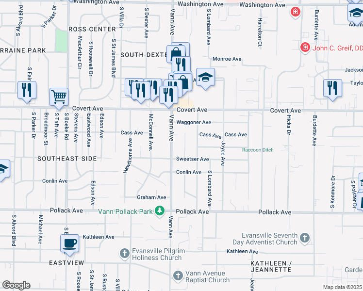map of restaurants, bars, coffee shops, grocery stores, and more near 1730 Dianne Avenue in Evansville