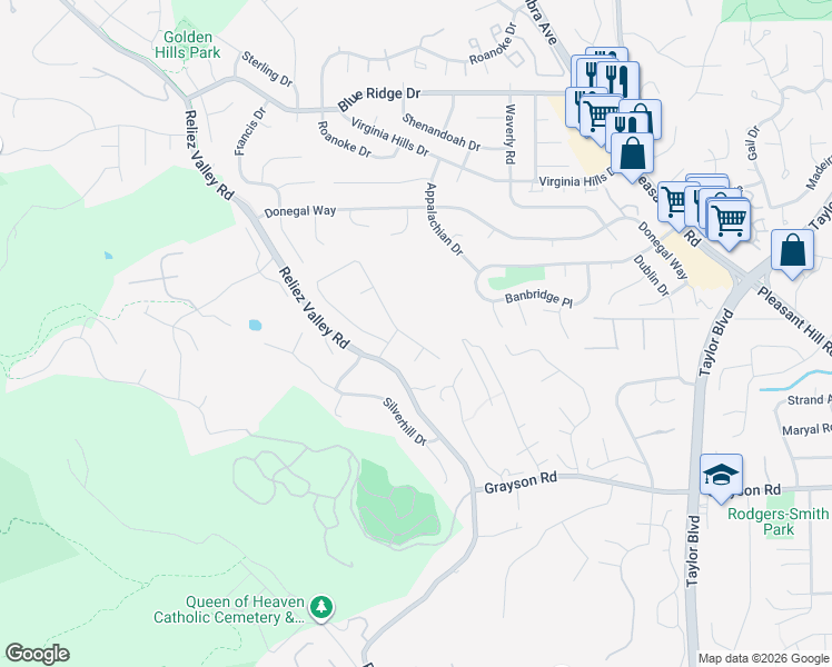 map of restaurants, bars, coffee shops, grocery stores, and more near 2452 Cherry Hills Drive in Lafayette