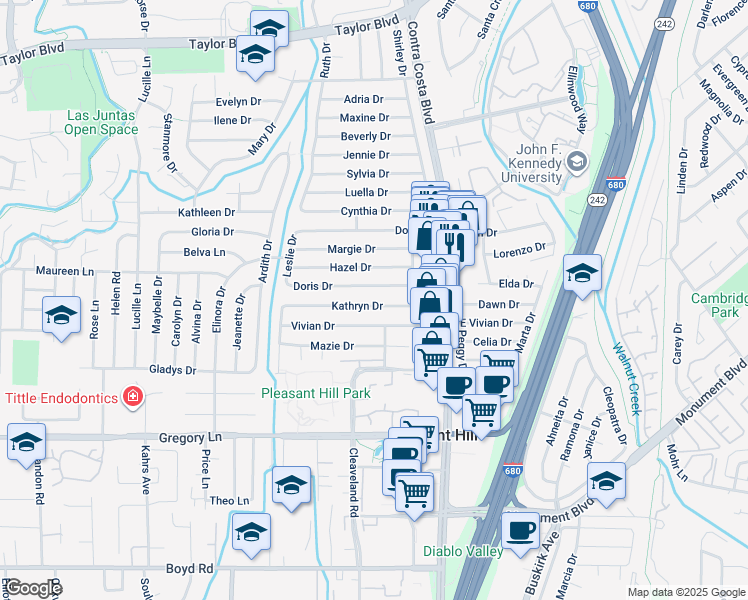 map of restaurants, bars, coffee shops, grocery stores, and more near 72 Kathryn Drive in Pleasant Hill