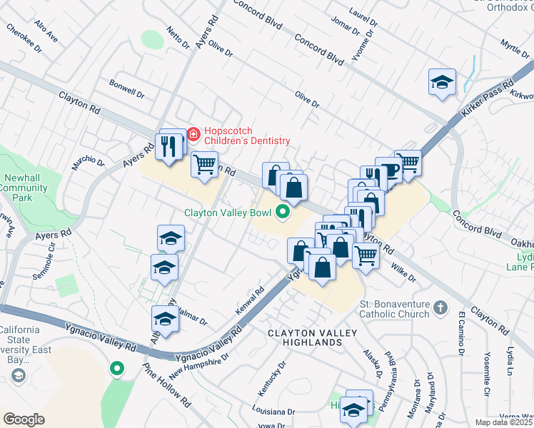 map of restaurants, bars, coffee shops, grocery stores, and more near 5294 Clayton Road in Concord