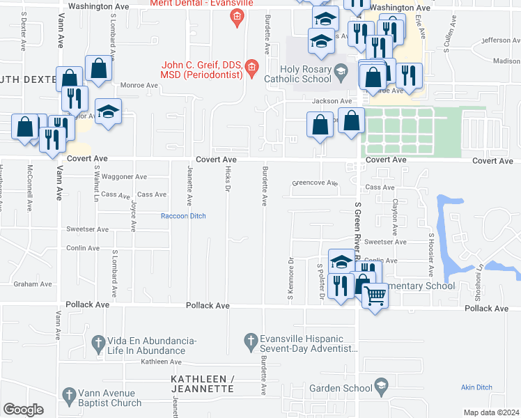 map of restaurants, bars, coffee shops, grocery stores, and more near 1733 Burdette Avenue in Evansville