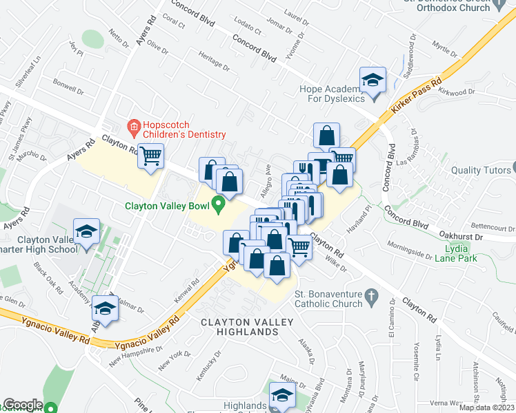 map of restaurants, bars, coffee shops, grocery stores, and more near 5390 Clayton Road in Concord