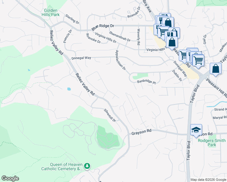 map of restaurants, bars, coffee shops, grocery stores, and more near 2452 Cherry Hills Drive in Lafayette