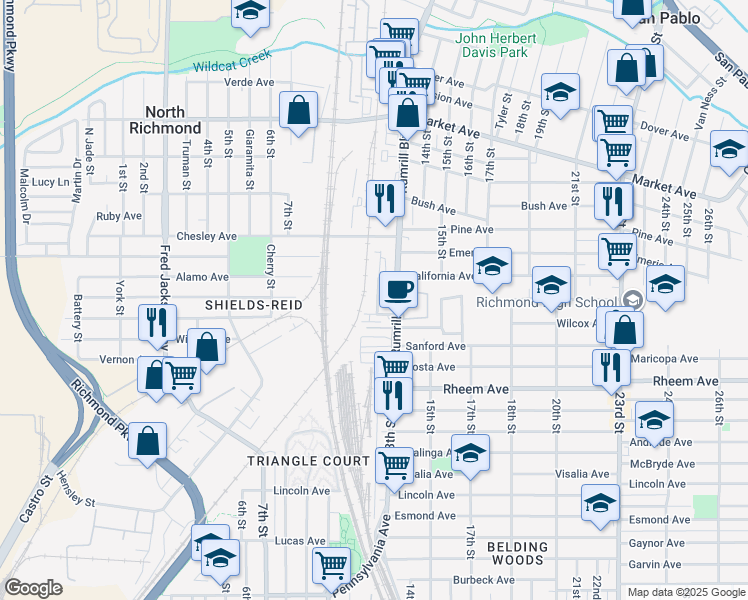 map of restaurants, bars, coffee shops, grocery stores, and more near 1321 Fillmore Street in San Pablo
