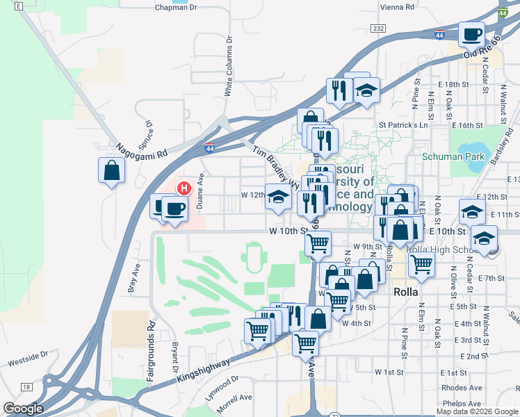 map of restaurants, bars, coffee shops, grocery stores, and more near 900 West 11th Street in Rolla