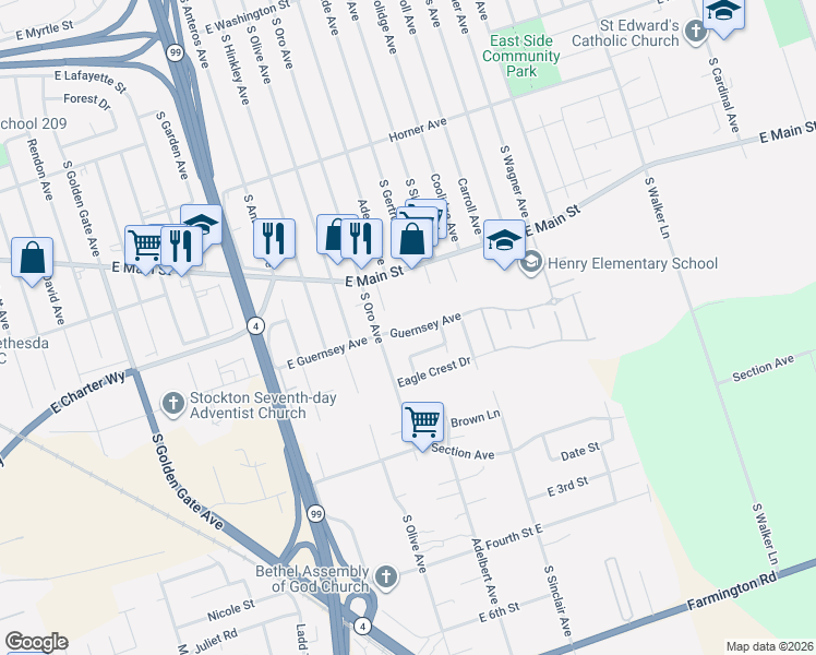 map of restaurants, bars, coffee shops, grocery stores, and more near 4123 Guernsey Avenue in Stockton