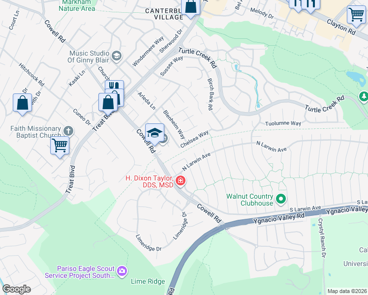 map of restaurants, bars, coffee shops, grocery stores, and more near 1251 Chelsea Way in Concord