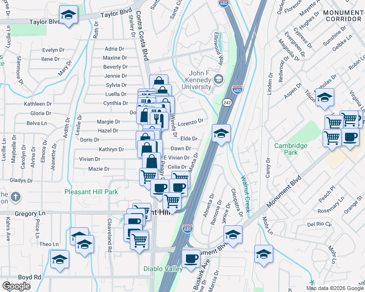 map of restaurants, bars, coffee shops, grocery stores, and more near 106 Elda Drive in Pleasant Hill