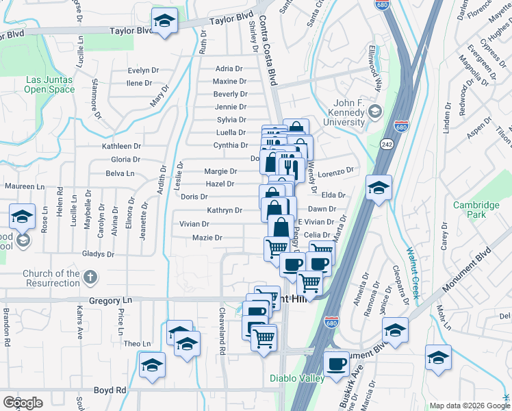 map of restaurants, bars, coffee shops, grocery stores, and more near 113 Doris Drive in Pleasant Hill