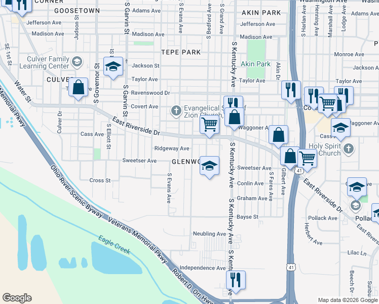 map of restaurants, bars, coffee shops, grocery stores, and more near 816 Ridgeway Avenue in Evansville