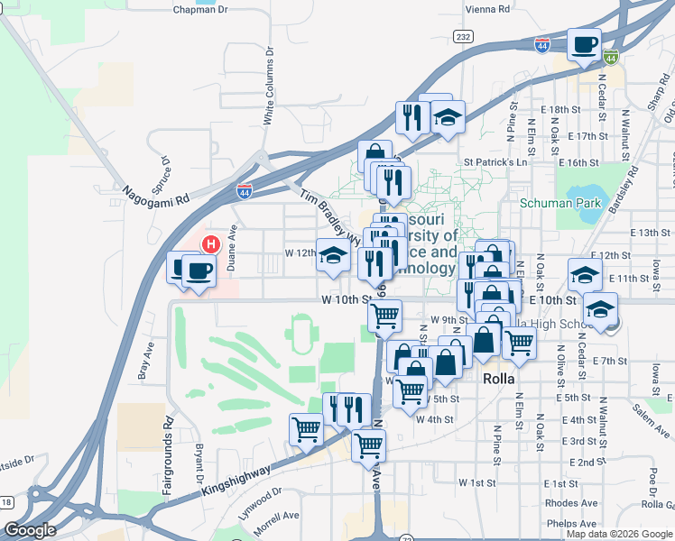 map of restaurants, bars, coffee shops, grocery stores, and more near 801 West 12th Street in Rolla