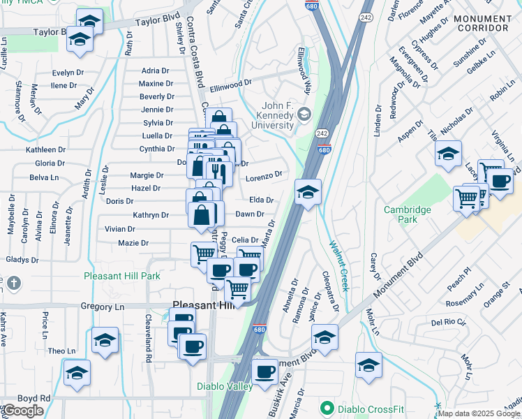 map of restaurants, bars, coffee shops, grocery stores, and more near 65 Dawn Drive in Pleasant Hill