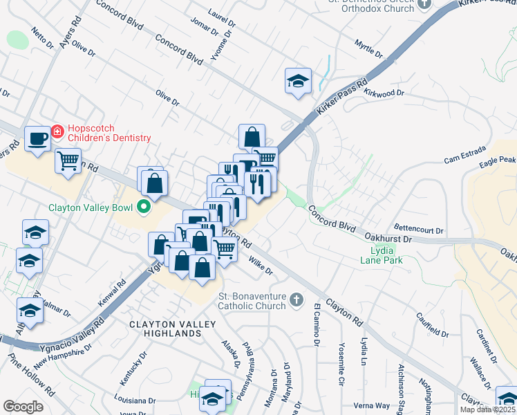 map of restaurants, bars, coffee shops, grocery stores, and more near 5435h Clayton Road in Clayton