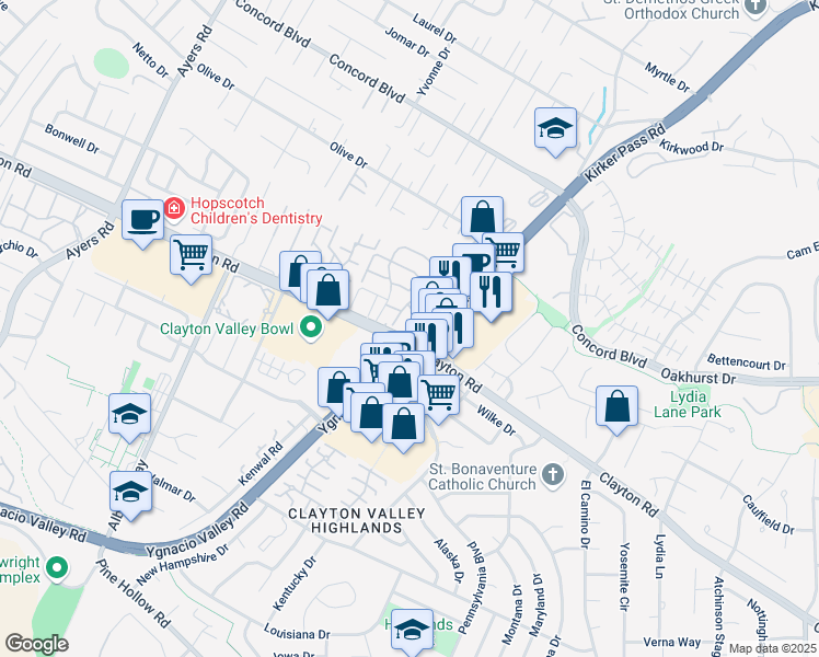 map of restaurants, bars, coffee shops, grocery stores, and more near 5399 Clayton Road in Concord