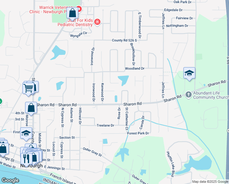 map of restaurants, bars, coffee shops, grocery stores, and more near 9901 Andrea Court in Newburgh