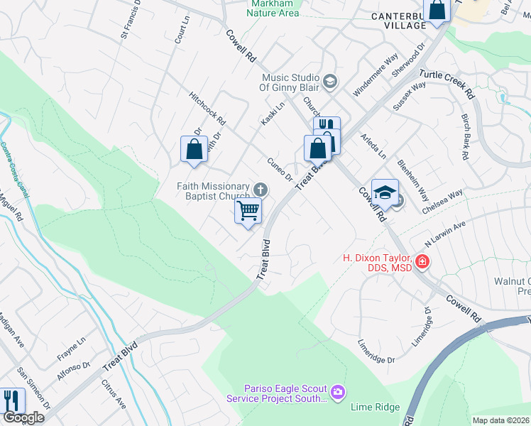 map of restaurants, bars, coffee shops, grocery stores, and more near 4282 Thompson Drive in Concord