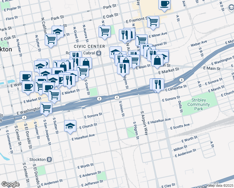 map of restaurants, bars, coffee shops, grocery stores, and more near 211 South Union Street in Stockton