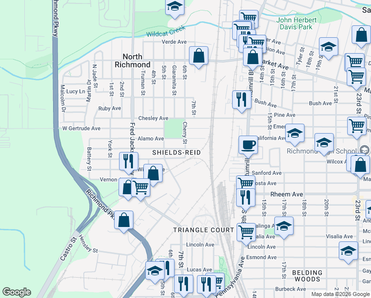 map of restaurants, bars, coffee shops, grocery stores, and more near Duboce Ave & Cherry St in Richmond