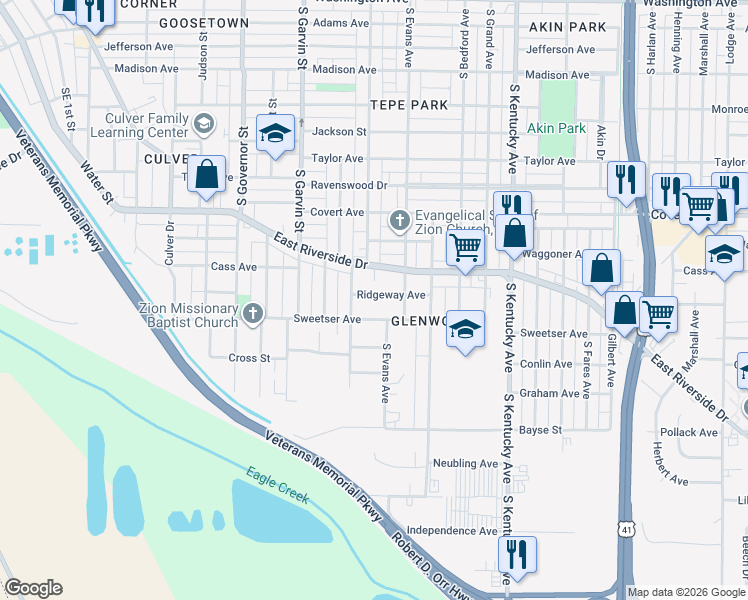 map of restaurants, bars, coffee shops, grocery stores, and more near 730 Ridgeway Avenue in Evansville