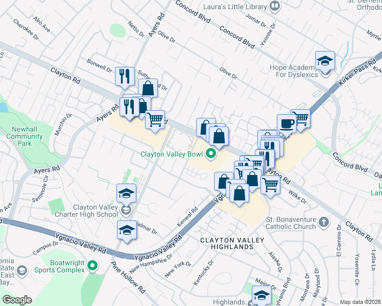 map of restaurants, bars, coffee shops, grocery stores, and more near 1459 Balhan Drive in Concord