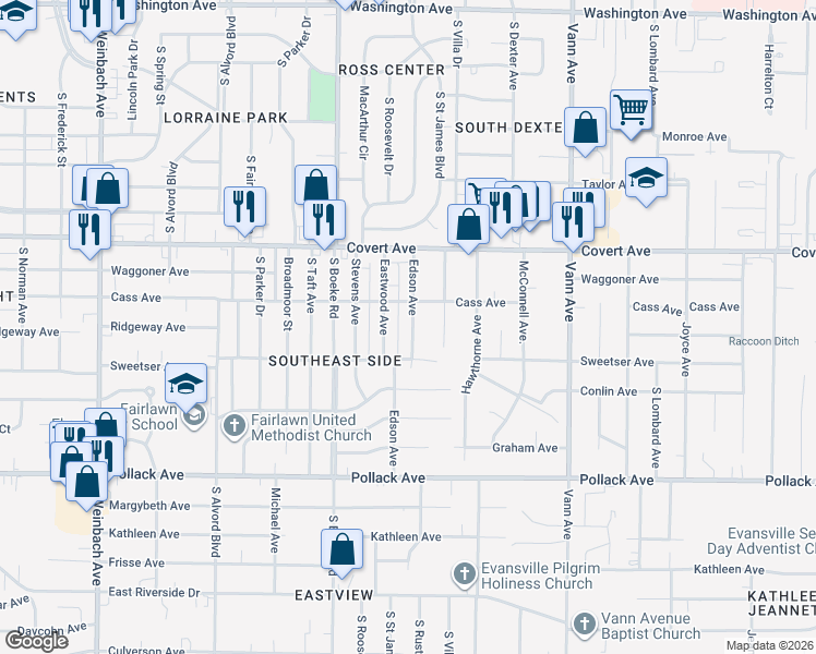 map of restaurants, bars, coffee shops, grocery stores, and more near 1709 Edson Avenue in Evansville